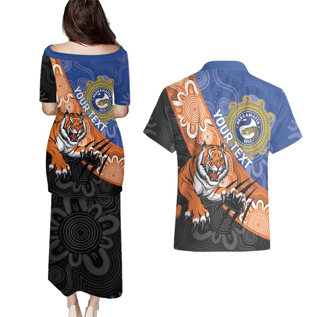 Personalised Tigers and Eels Rugby Couples Matching Puletasi and Hawaiian Shirt Aboriginal Art