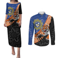 Personalised Tigers and Eels Rugby Couples Matching Puletasi and Long Sleeve Button Shirt Aboriginal Art