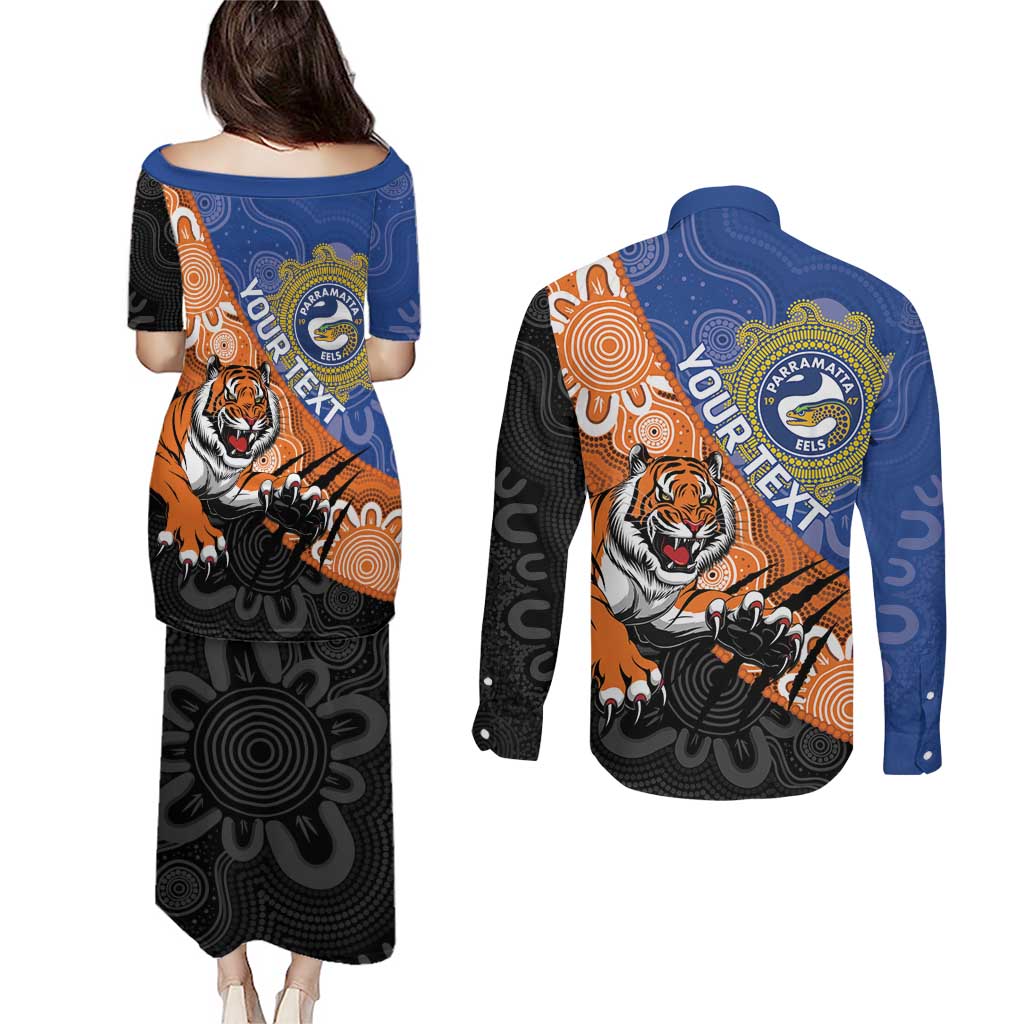 Personalised Tigers and Eels Rugby Couples Matching Puletasi and Long Sleeve Button Shirt Aboriginal Art