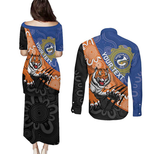 Personalised Tigers and Eels Rugby Couples Matching Puletasi and Long Sleeve Button Shirt Aboriginal Art