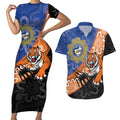 Personalised Tigers and Eels Rugby Couples Matching Short Sleeve Bodycon Dress and Hawaiian Shirt Aboriginal Art