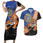 Personalised Tigers and Eels Rugby Couples Matching Short Sleeve Bodycon Dress and Hawaiian Shirt Aboriginal Art