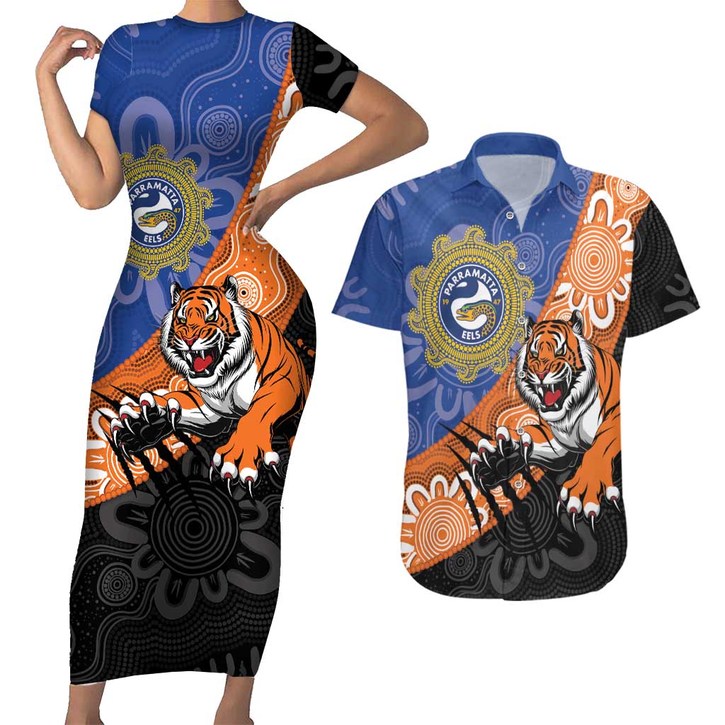 Personalised Tigers and Eels Rugby Couples Matching Short Sleeve Bodycon Dress and Hawaiian Shirt Aboriginal Art