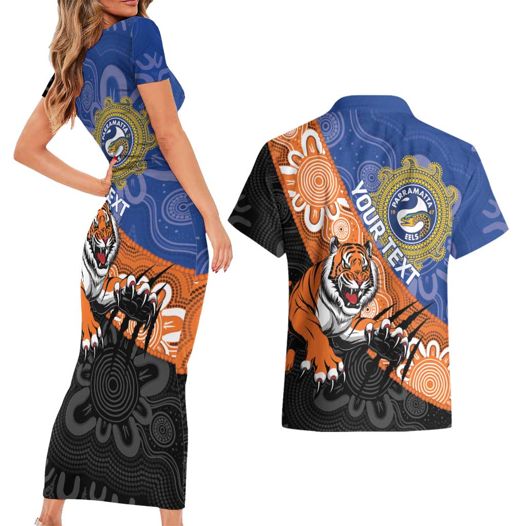 Personalised Tigers and Eels Rugby Couples Matching Short Sleeve Bodycon Dress and Hawaiian Shirt Aboriginal Art