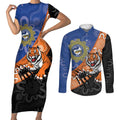 Personalised Tigers and Eels Rugby Couples Matching Short Sleeve Bodycon Dress and Long Sleeve Button Shirt Aboriginal Art