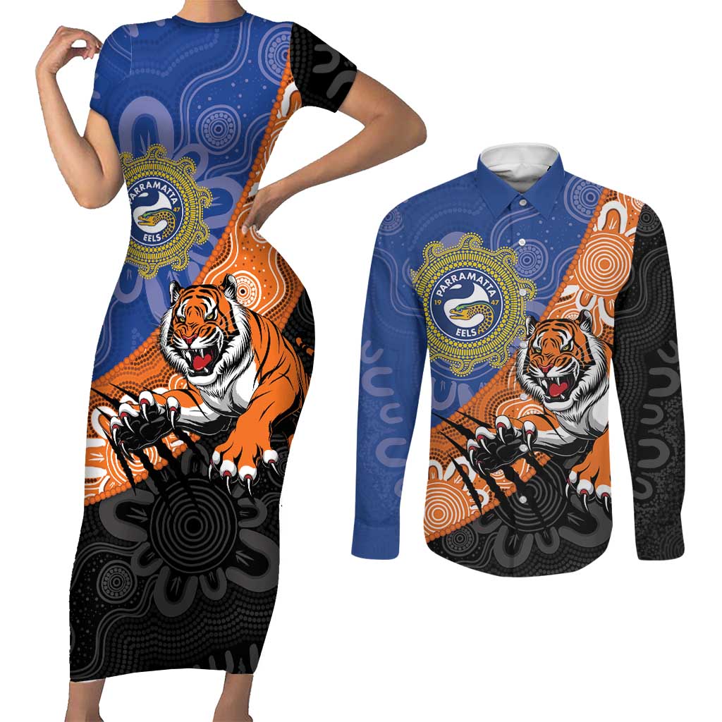 Personalised Tigers and Eels Rugby Couples Matching Short Sleeve Bodycon Dress and Long Sleeve Button Shirt Aboriginal Art