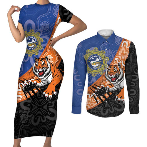 Personalised Tigers and Eels Rugby Couples Matching Short Sleeve Bodycon Dress and Long Sleeve Button Shirt Aboriginal Art