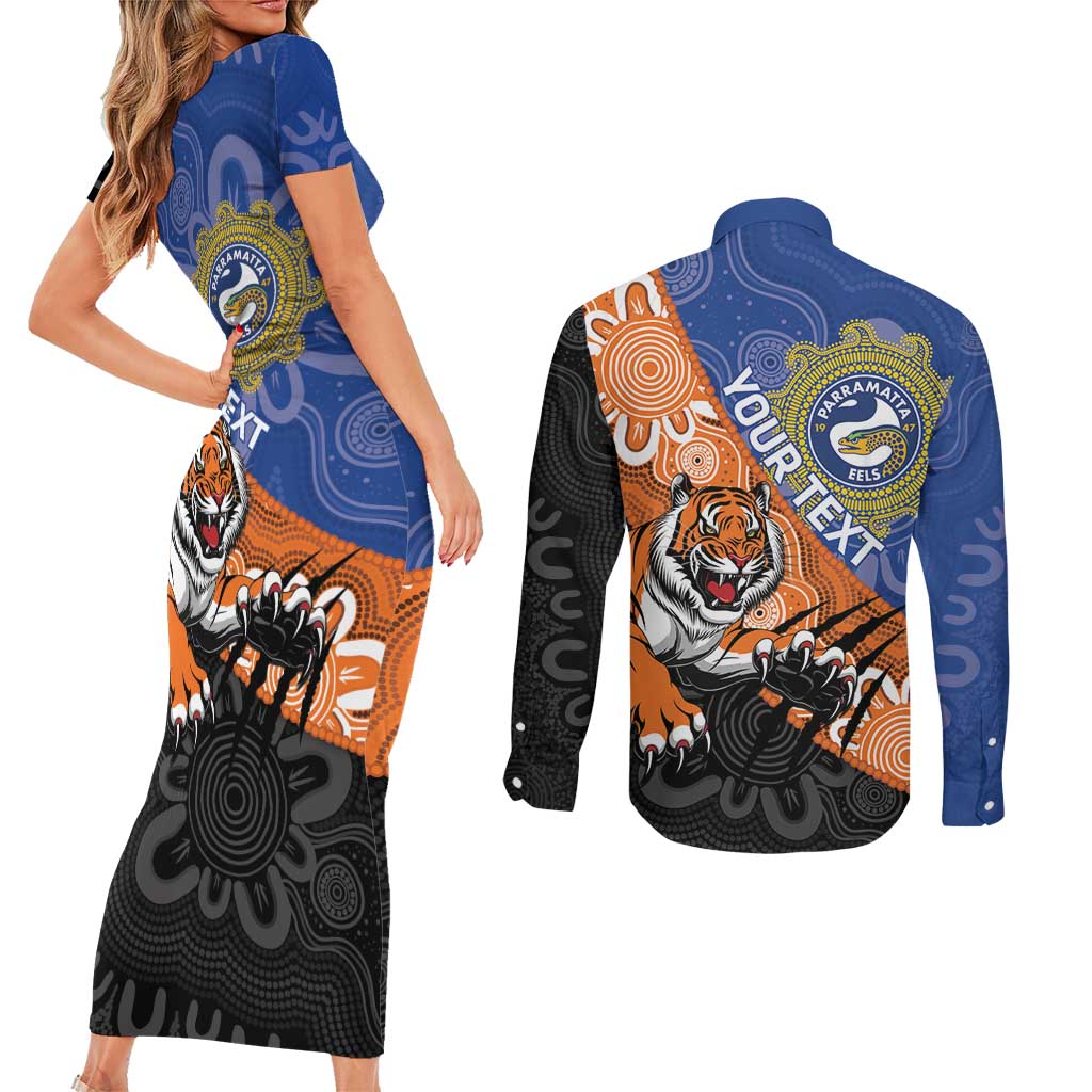 Personalised Tigers and Eels Rugby Couples Matching Short Sleeve Bodycon Dress and Long Sleeve Button Shirt Aboriginal Art