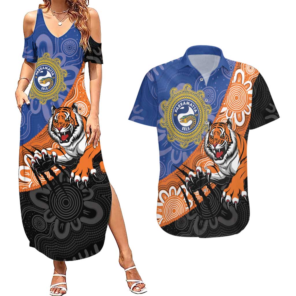 Personalised Tigers and Eels Rugby Couples Matching Summer Maxi Dress and Hawaiian Shirt Aboriginal Art
