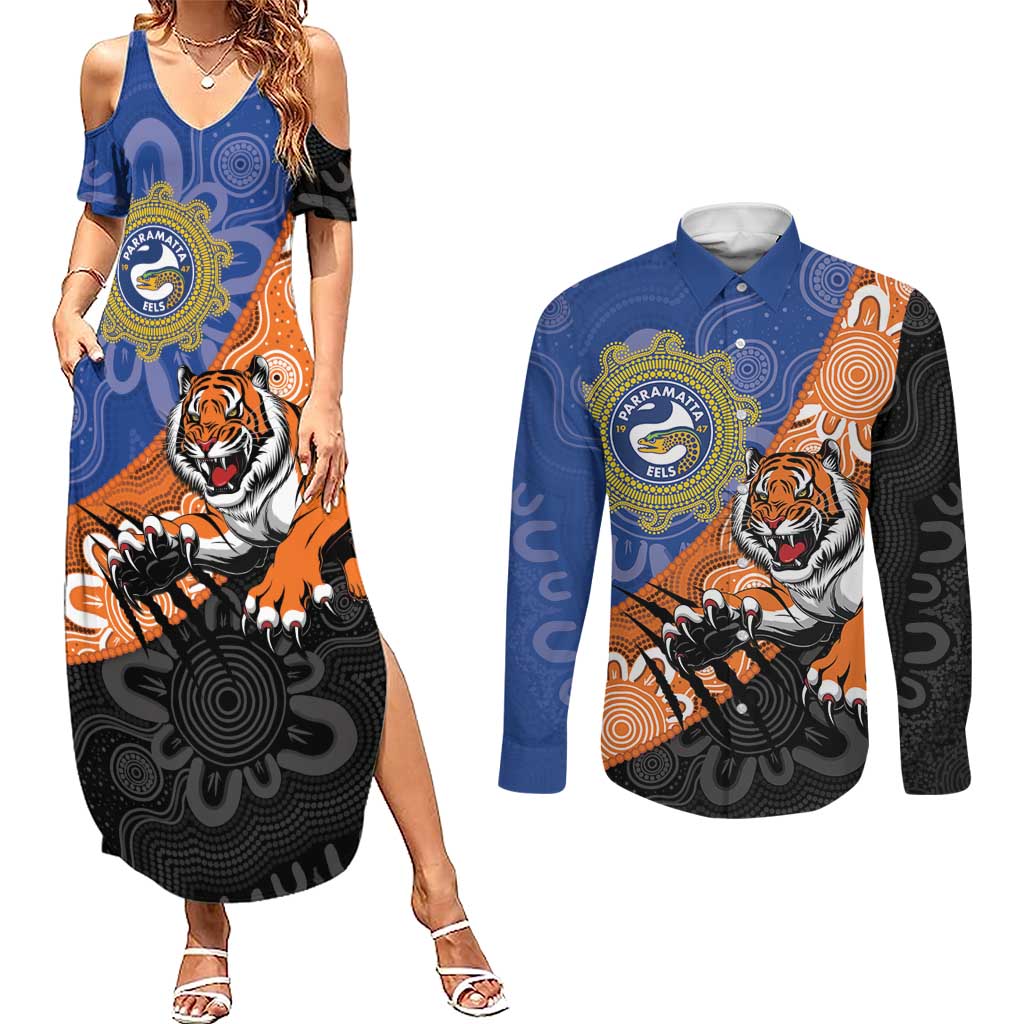 Personalised Tigers and Eels Rugby Couples Matching Summer Maxi Dress and Long Sleeve Button Shirt Aboriginal Art