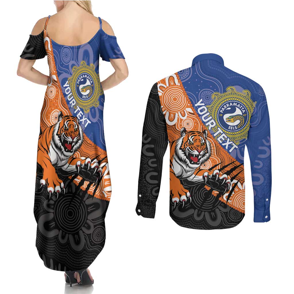 Personalised Tigers and Eels Rugby Couples Matching Summer Maxi Dress and Long Sleeve Button Shirt Aboriginal Art