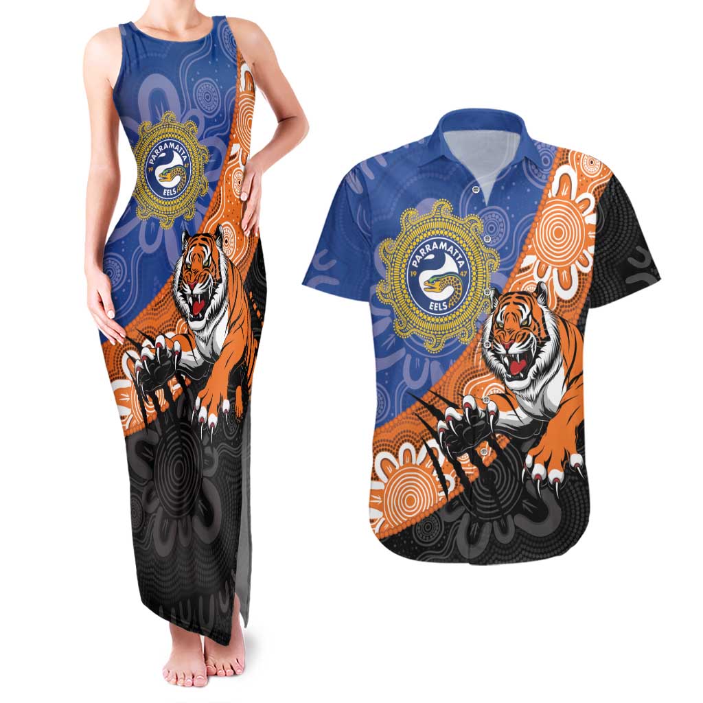 Personalised Tigers and Eels Rugby Couples Matching Tank Maxi Dress and Hawaiian Shirt Aboriginal Art