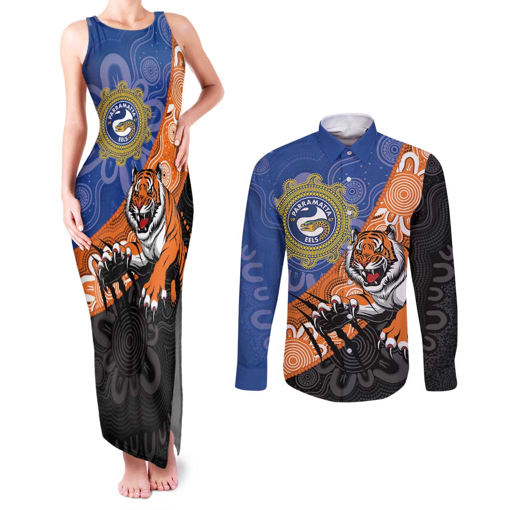 Personalised Tigers and Eels Rugby Couples Matching Tank Maxi Dress and Long Sleeve Button Shirt Aboriginal Art