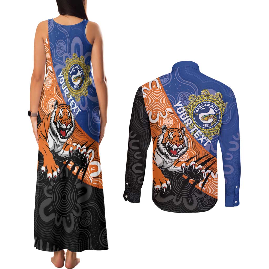 Personalised Tigers and Eels Rugby Couples Matching Tank Maxi Dress and Long Sleeve Button Shirt Aboriginal Art