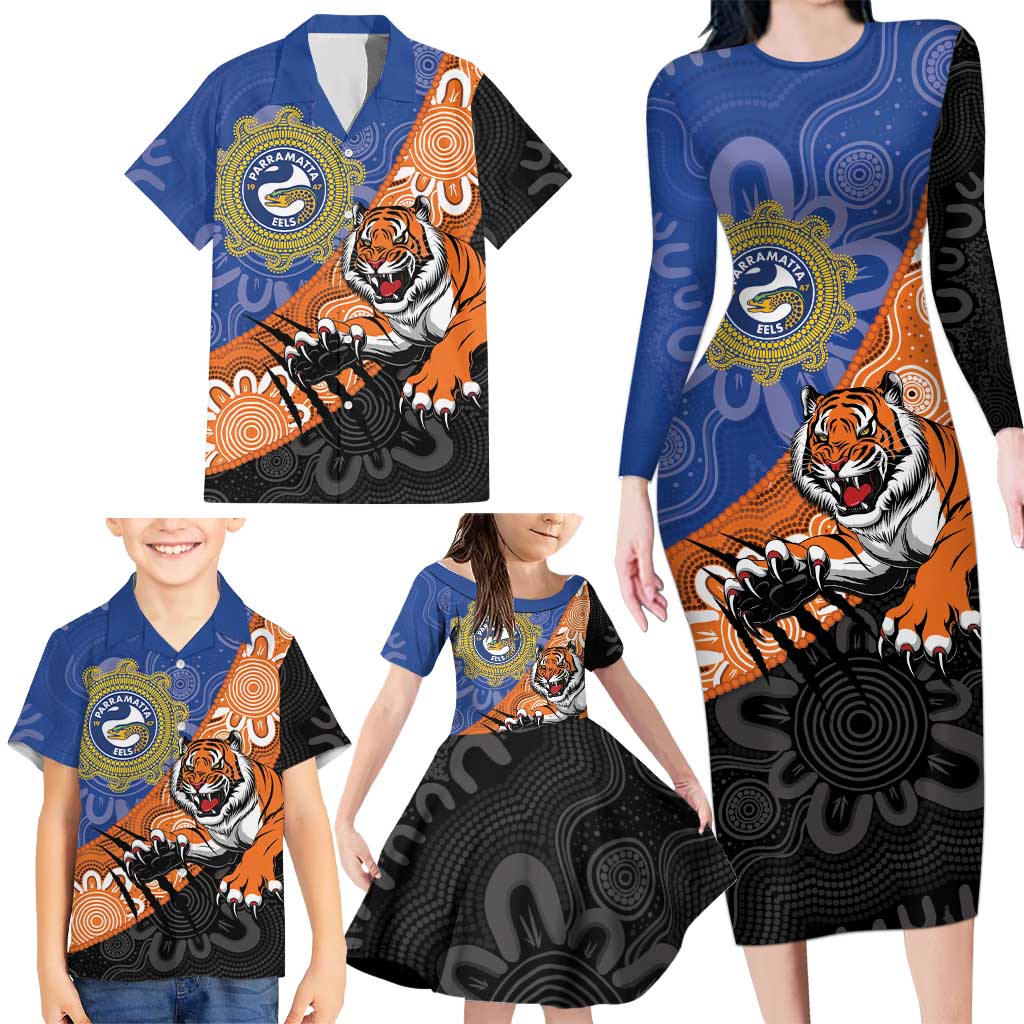Personalised Tigers and Eels Rugby Family Matching Long Sleeve Bodycon Dress and Hawaiian Shirt Aboriginal Art