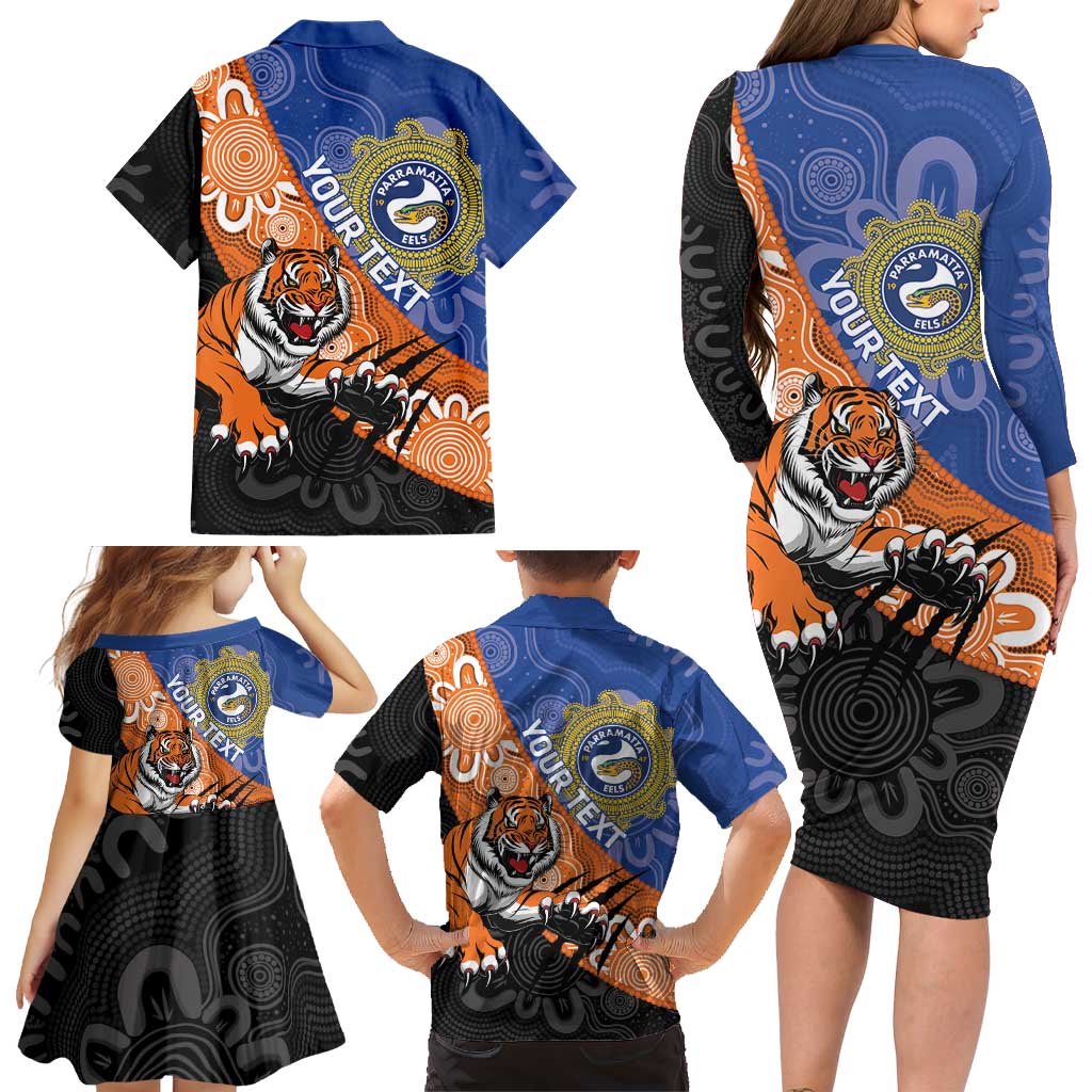 Personalised Tigers and Eels Rugby Family Matching Long Sleeve Bodycon Dress and Hawaiian Shirt Aboriginal Art