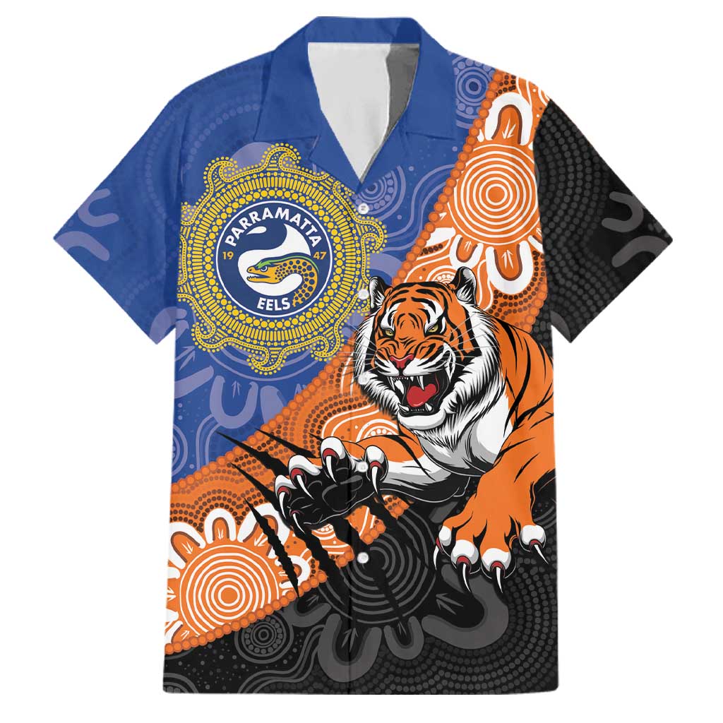 Personalised Tigers and Eels Rugby Family Matching Long Sleeve Bodycon Dress and Hawaiian Shirt Aboriginal Art