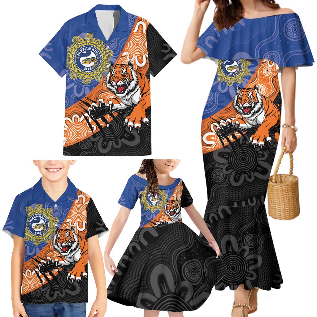 Personalised Tigers and Eels Rugby Family Matching Mermaid Dress and Hawaiian Shirt Aboriginal Art
