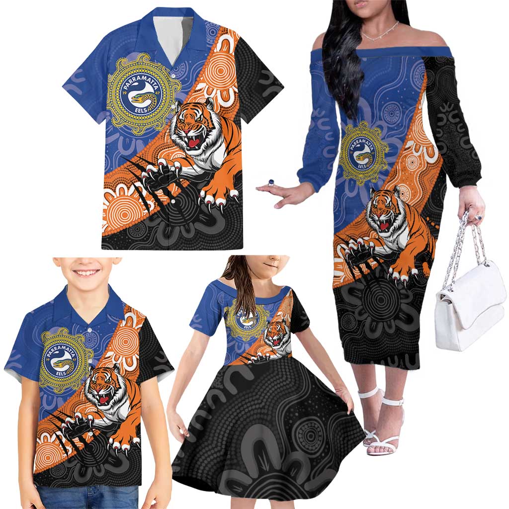 Personalised Tigers and Eels Rugby Family Matching Off The Shoulder Long Sleeve Dress and Hawaiian Shirt Aboriginal Art
