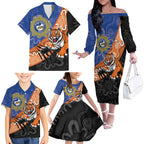Personalised Tigers and Eels Rugby Family Matching Off The Shoulder Long Sleeve Dress and Hawaiian Shirt Aboriginal Art