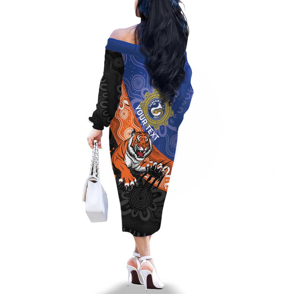 Personalised Tigers and Eels Rugby Family Matching Off The Shoulder Long Sleeve Dress and Hawaiian Shirt Aboriginal Art