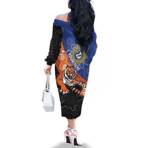 Personalised Tigers and Eels Rugby Family Matching Off The Shoulder Long Sleeve Dress and Hawaiian Shirt Aboriginal Art