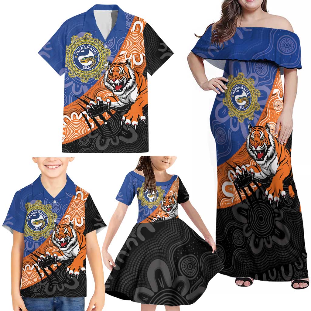 Personalised Tigers and Eels Rugby Family Matching Off Shoulder Maxi Dress and Hawaiian Shirt Aboriginal Art