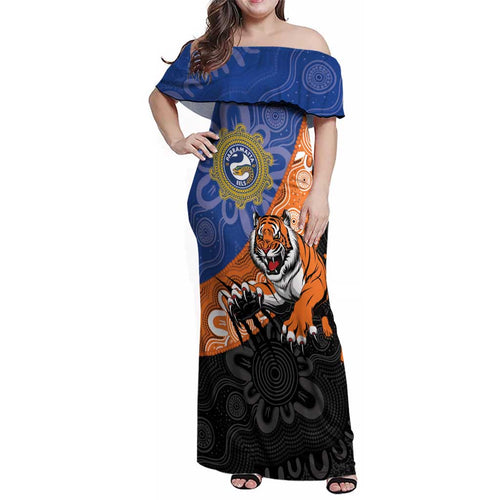 Personalised Tigers and Eels Rugby Family Matching Off Shoulder Maxi Dress and Hawaiian Shirt Aboriginal Art
