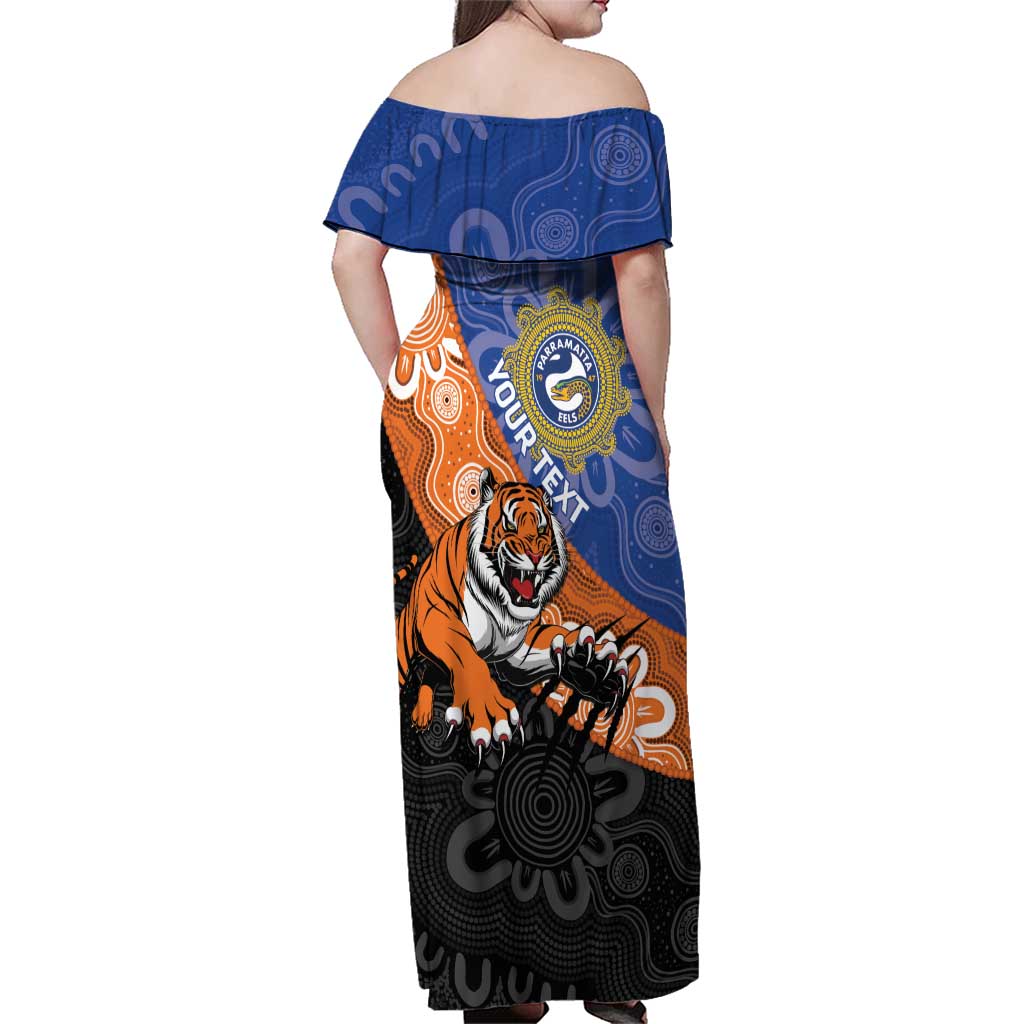 Personalised Tigers and Eels Rugby Family Matching Off Shoulder Maxi Dress and Hawaiian Shirt Aboriginal Art