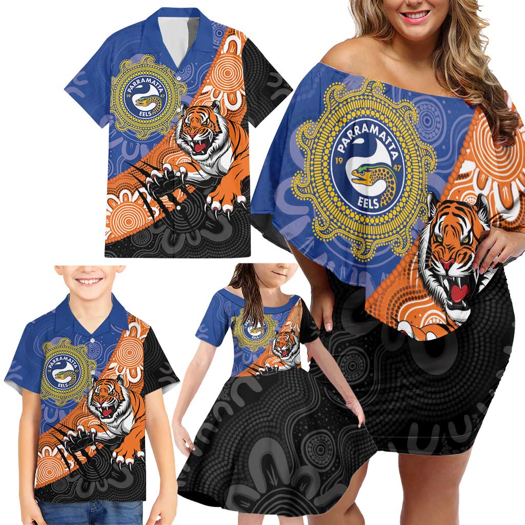 Personalised Tigers and Eels Rugby Family Matching Off Shoulder Short Dress and Hawaiian Shirt Aboriginal Art