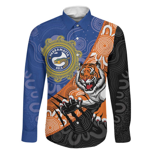 Personalised Tigers and Eels Rugby Family Matching Off Shoulder Short Dress and Hawaiian Shirt Aboriginal Art