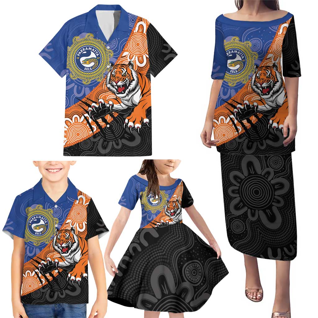Personalised Tigers and Eels Rugby Family Matching Puletasi and Hawaiian Shirt Aboriginal Art