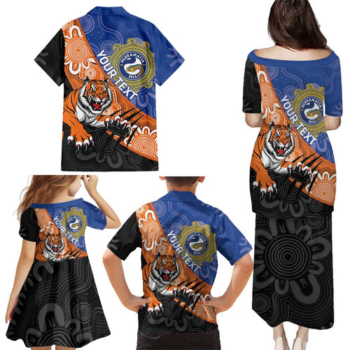 Personalised Tigers and Eels Rugby Family Matching Puletasi and Hawaiian Shirt Aboriginal Art
