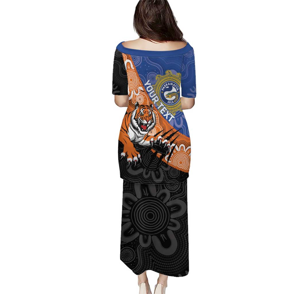 Personalised Tigers and Eels Rugby Family Matching Puletasi and Hawaiian Shirt Aboriginal Art
