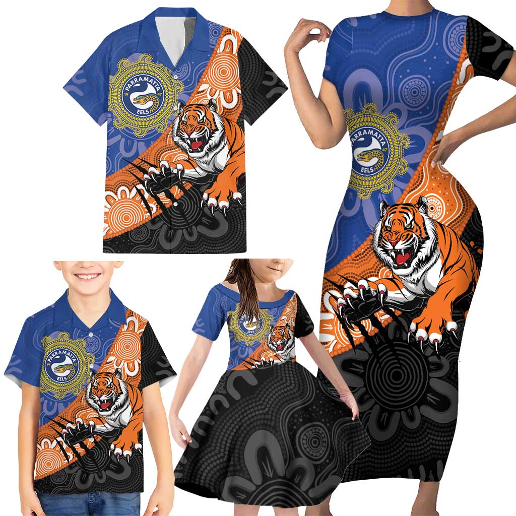 Personalised Tigers and Eels Rugby Family Matching Short Sleeve Bodycon Dress and Hawaiian Shirt Aboriginal Art