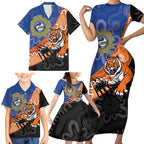 Personalised Tigers and Eels Rugby Family Matching Short Sleeve Bodycon Dress and Hawaiian Shirt Aboriginal Art