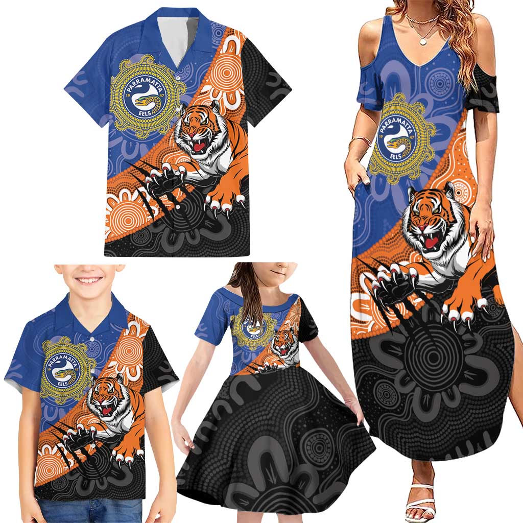 Personalised Tigers and Eels Rugby Family Matching Summer Maxi Dress and Hawaiian Shirt Aboriginal Art