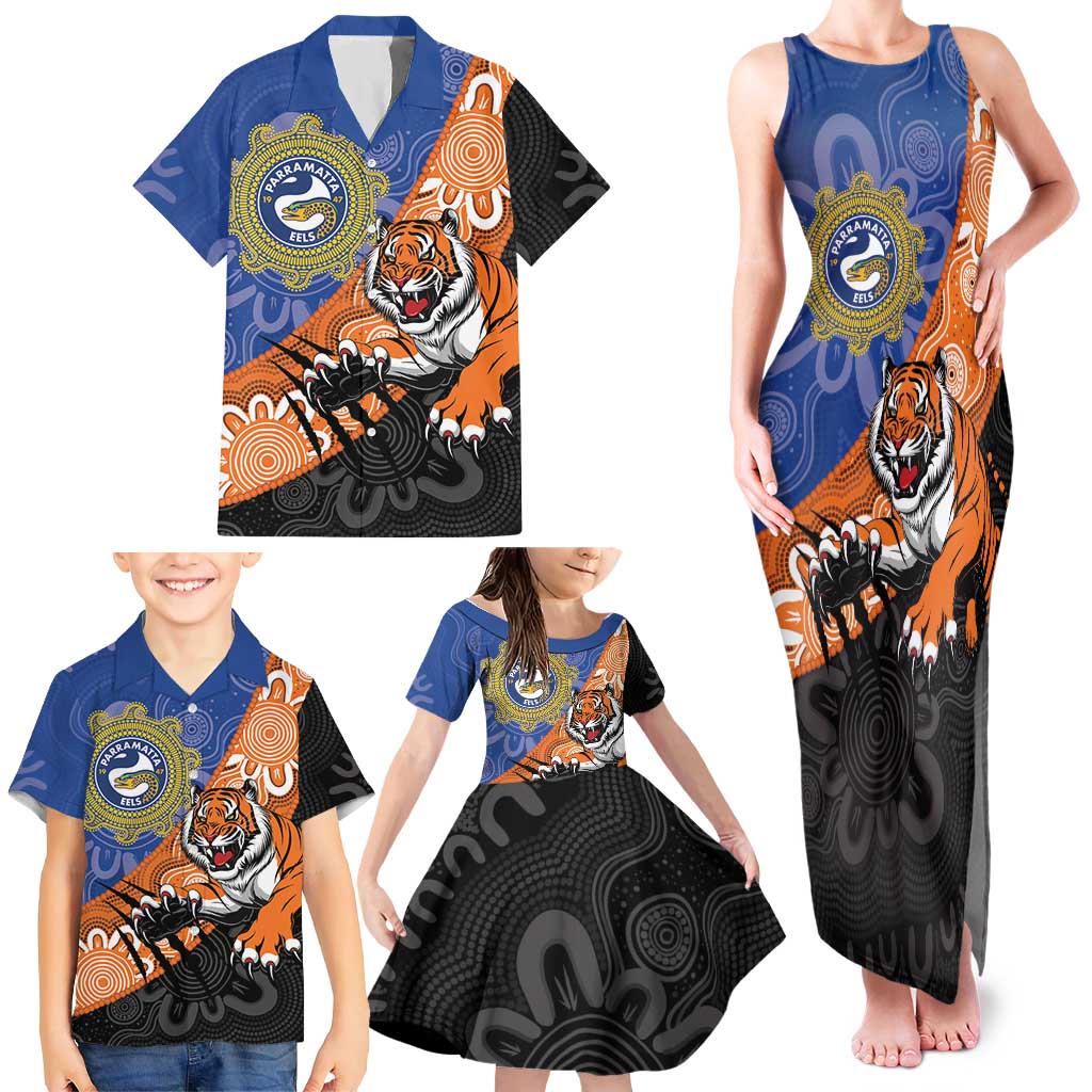 Personalised Tigers and Eels Rugby Family Matching Tank Maxi Dress and Hawaiian Shirt Aboriginal Art