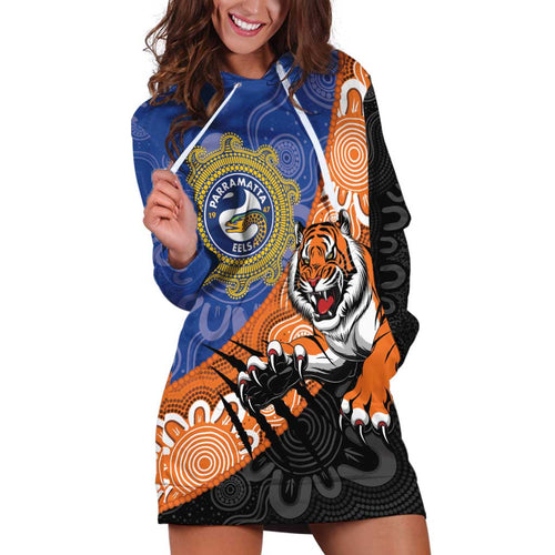 Personalised Tigers and Eels Rugby Hoodie Dress Aboriginal Art