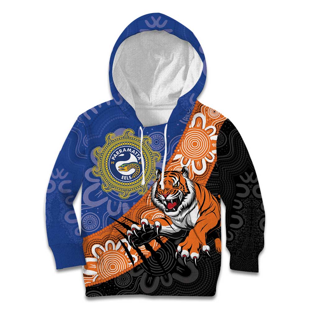 Personalised Tigers and Eels Rugby Kid Hoodie Aboriginal Art
