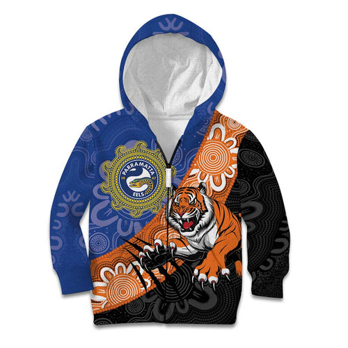 Personalised Tigers and Eels Rugby Kid Hoodie Aboriginal Art