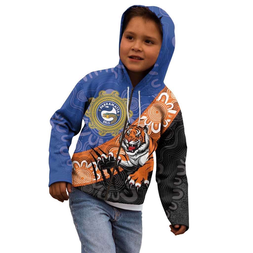Personalised Tigers and Eels Rugby Kid Hoodie Aboriginal Art