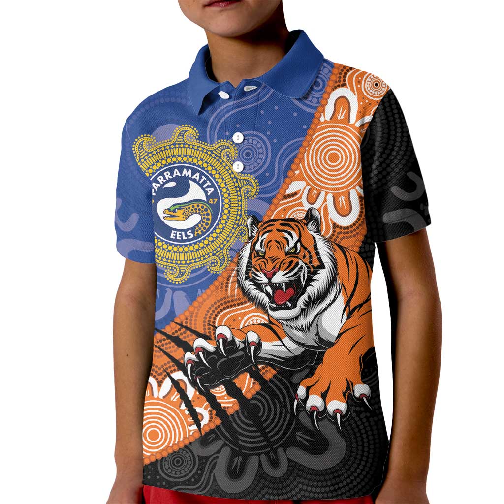 Personalised Tigers and Eels Rugby Kid Polo Shirt Aboriginal Art