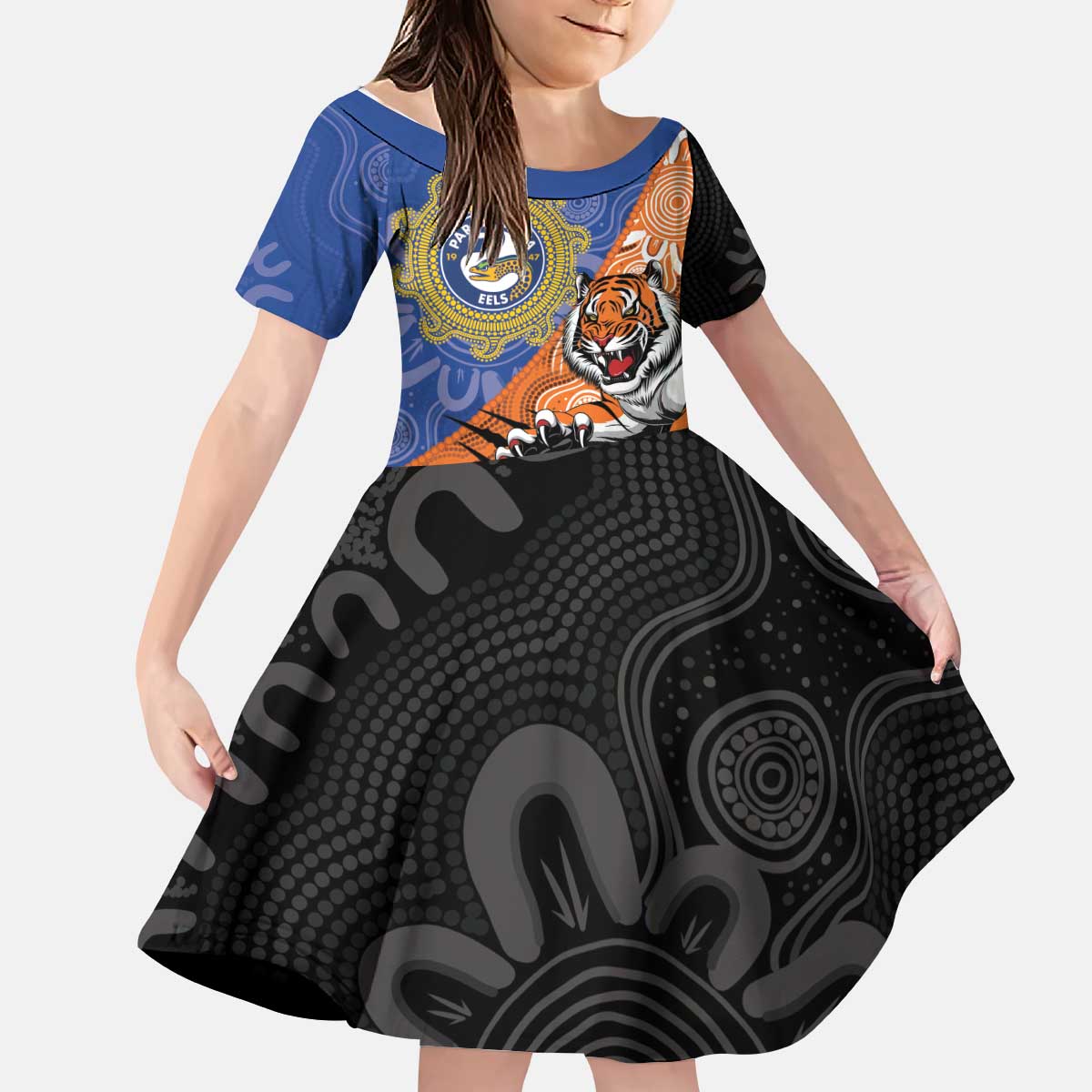 Personalised Tigers and Eels Rugby Kid Short Sleeve Dress Aboriginal Art