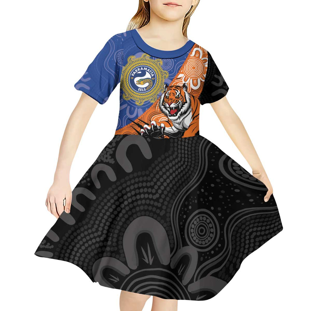 Personalised Tigers and Eels Rugby Kid Short Sleeve Dress Aboriginal Art