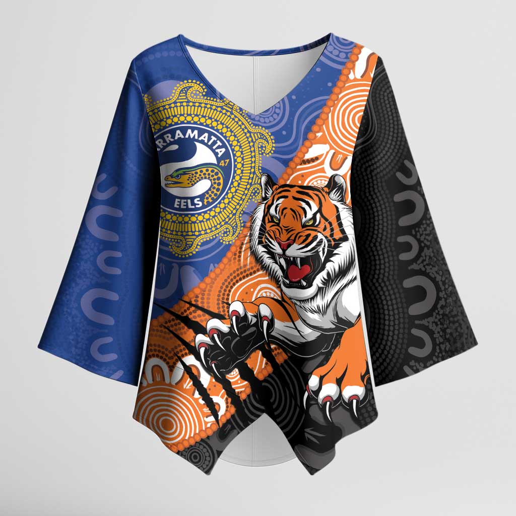 Personalised Tigers and Eels Rugby Kimono Sleeve Blouse Aboriginal Art