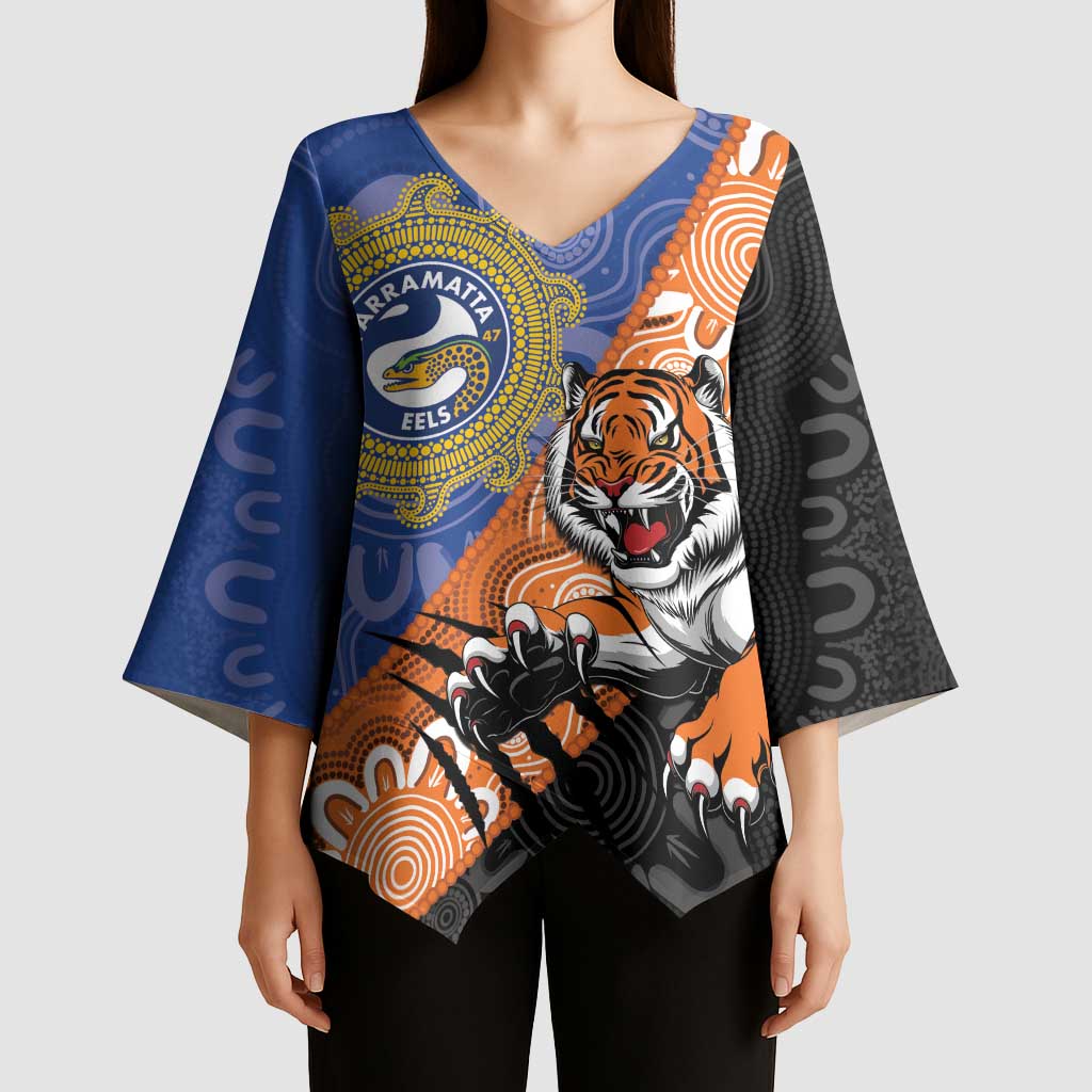 Personalised Tigers and Eels Rugby Kimono Sleeve Blouse Aboriginal Art