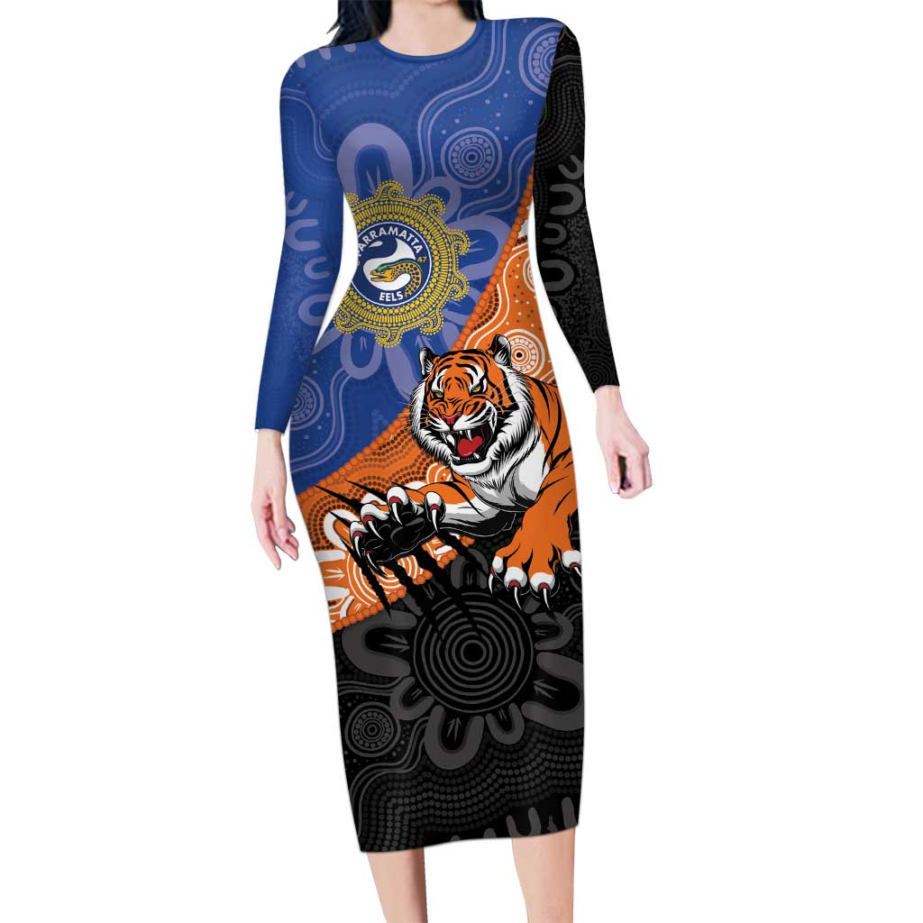 Personalised Tigers and Eels Rugby Long Sleeve Bodycon Dress Aboriginal Art