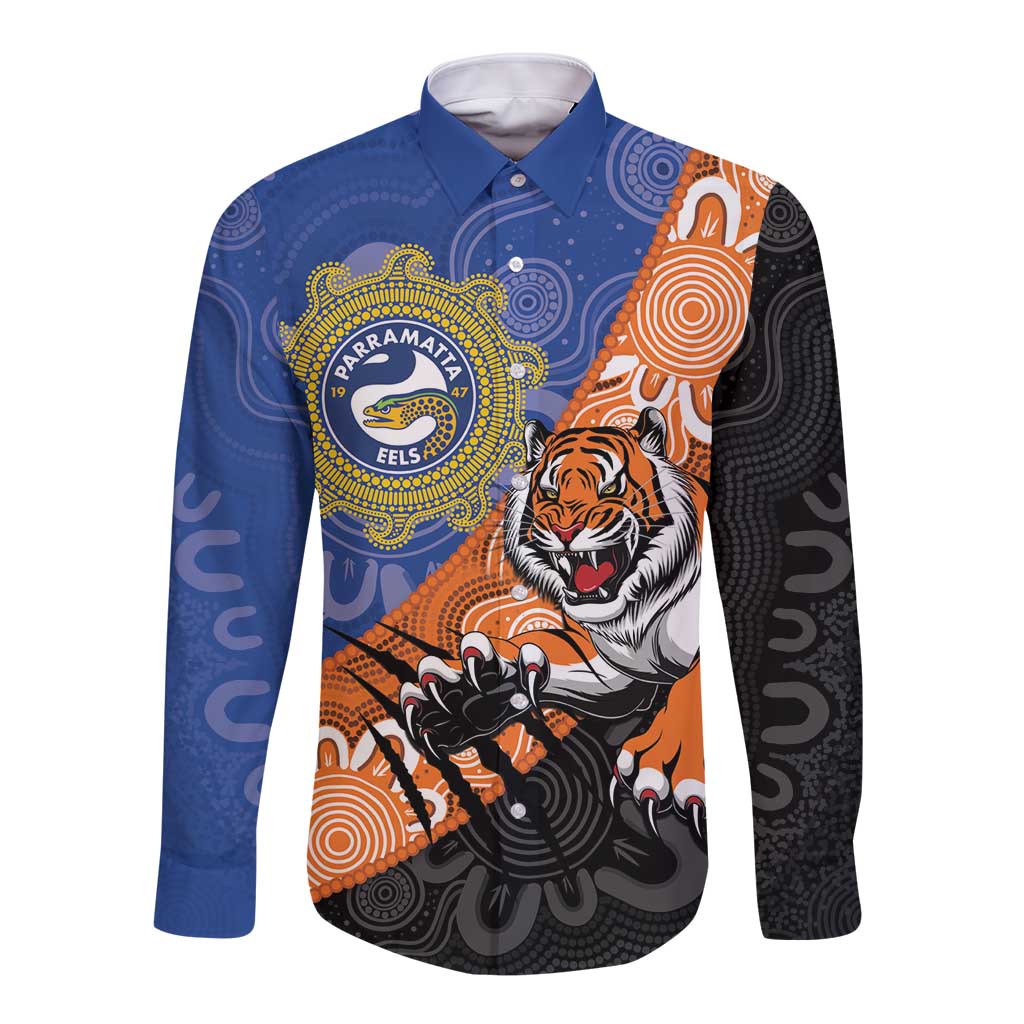 Personalised Tigers and Eels Rugby Long Sleeve Button Shirt Aboriginal Art