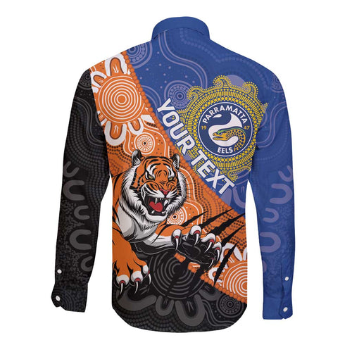 Personalised Tigers and Eels Rugby Long Sleeve Button Shirt Aboriginal Art